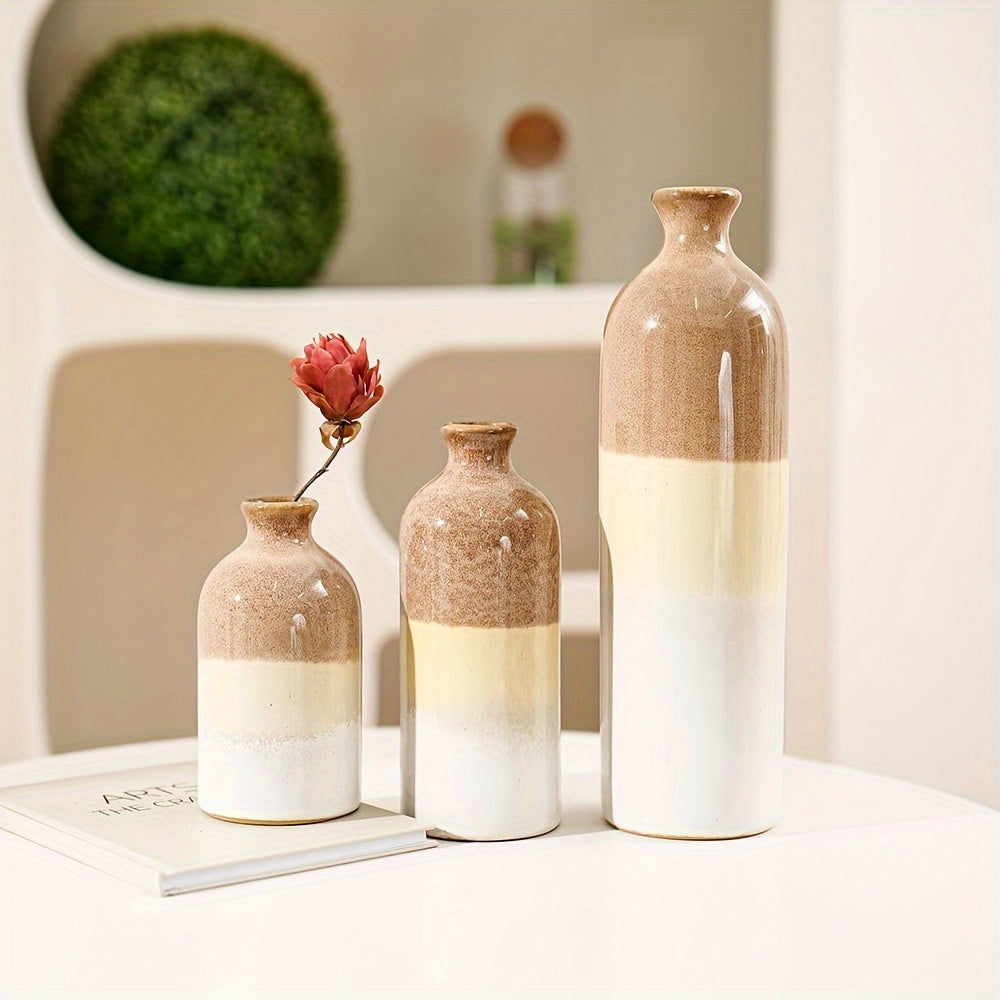 1pc Rural Ceramic Vase, Suitable For Home Decoration, Modern Farmhouse Beige And White Decorative Vase, Bohemian Vase, Used For Shelves, Tables, Fireplaces, Living Room Decoration