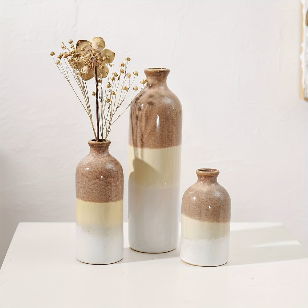 1pc Rural Ceramic Vase, Suitable For Home Decoration, Modern Farmhouse Beige And White Decorative Vase, Bohemian Vase, Used For Shelves, Tables, Fireplaces, Living Room Decoration