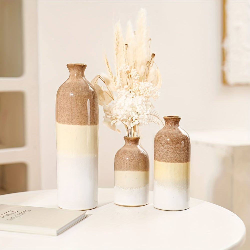 1pc Rural Ceramic Vase, Suitable For Home Decoration, Modern Farmhouse Beige And White Decorative Vase, Bohemian Vase, Used For Shelves, Tables, Fireplaces, Living Room Decoration