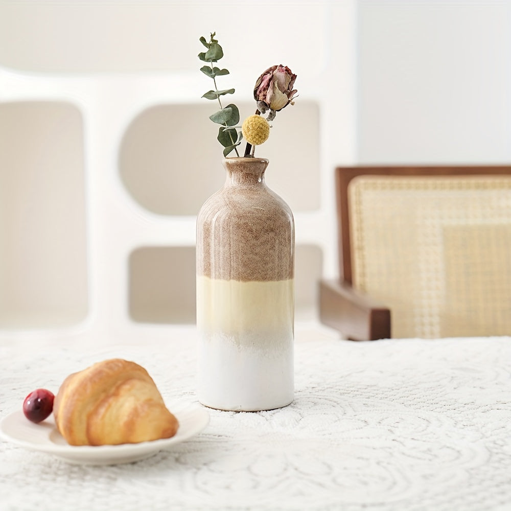 1pc Rural Ceramic Vase, Suitable For Home Decoration, Modern Farmhouse Beige And White Decorative Vase, Bohemian Vase, Used For Shelves, Tables, Fireplaces, Living Room Decoration