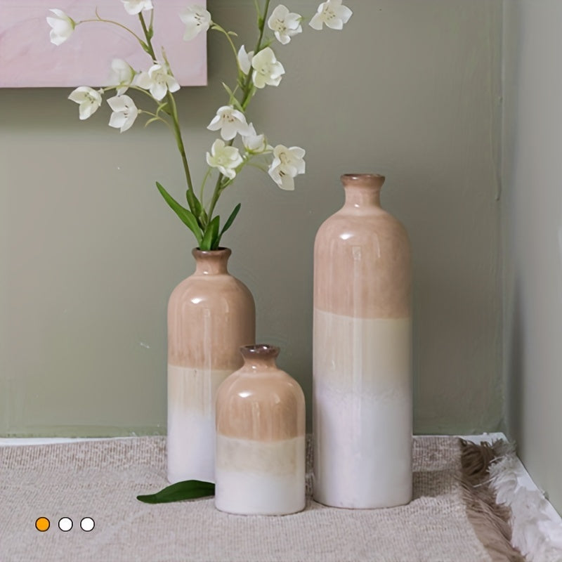 1pc Rural Ceramic Vase, Suitable For Home Decoration, Modern Farmhouse Beige And White Decorative Vase, Bohemian Vase, Used For Shelves, Tables, Fireplaces, Living Room Decoration