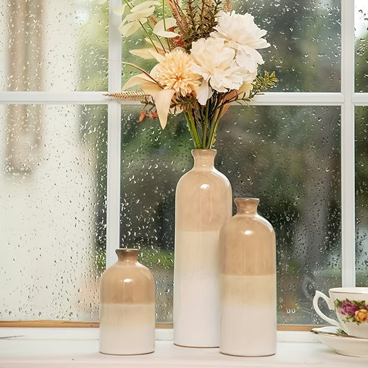 1pc Rural Ceramic Vase, Suitable For Home Decoration, Modern Farmhouse Beige And White Decorative Vase, Bohemian Vase, Used For Shelves, Tables, Fireplaces, Living Room Decoration