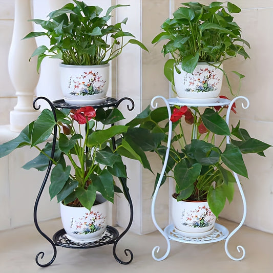 1 Pack, Elegant Double-Layered Metal Flower Rack Stand - Multi-Layer Floor Standing Plant Display with Modern European Style for Living Room and Indoor Space Decor, Black and White Color Options, Sturdy and Durable, Easy to A