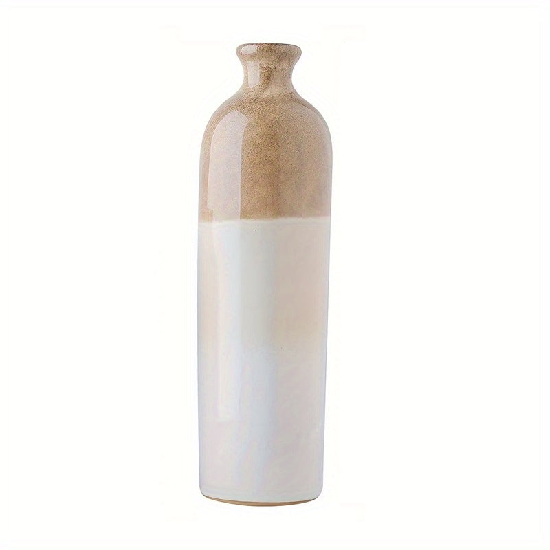 1pc Rural Ceramic Vase, Suitable For Home Decoration, Modern Farmhouse Beige And White Decorative Vase, Bohemian Vase, Used For Shelves, Tables, Fireplaces, Living Room Decoration