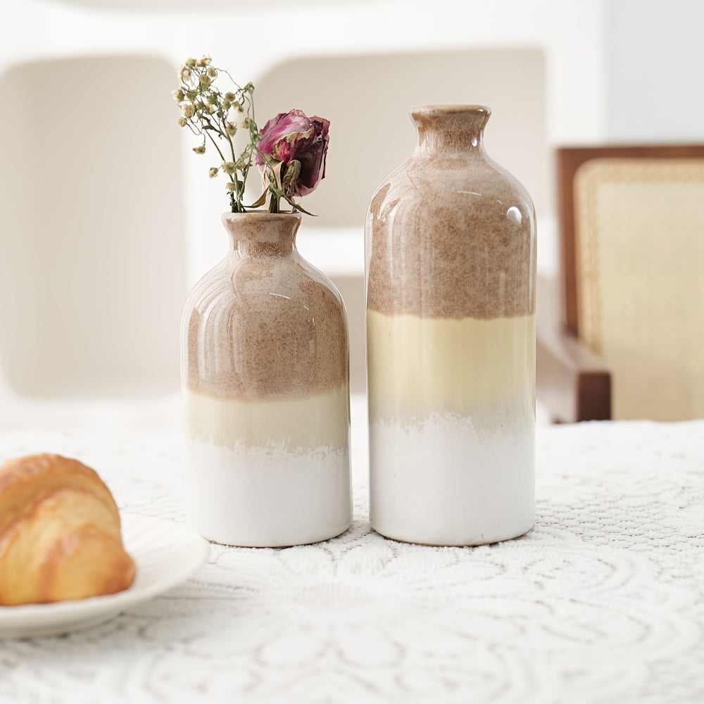 1pc Rural Ceramic Vase, Suitable For Home Decoration, Modern Farmhouse Beige And White Decorative Vase, Bohemian Vase, Used For Shelves, Tables, Fireplaces, Living Room Decoration