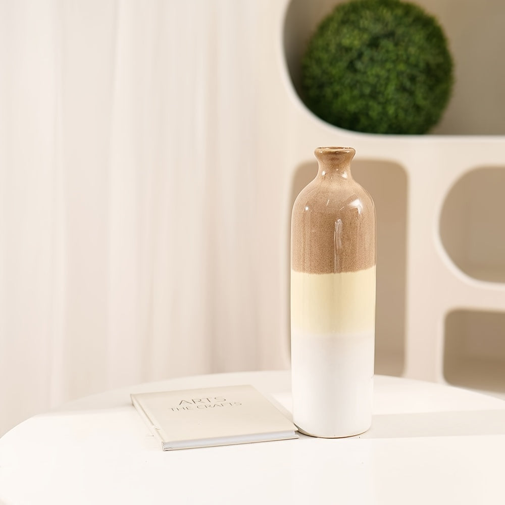 1pc Rural Ceramic Vase, Suitable For Home Decoration, Modern Farmhouse Beige And White Decorative Vase, Bohemian Vase, Used For Shelves, Tables, Fireplaces, Living Room Decoration