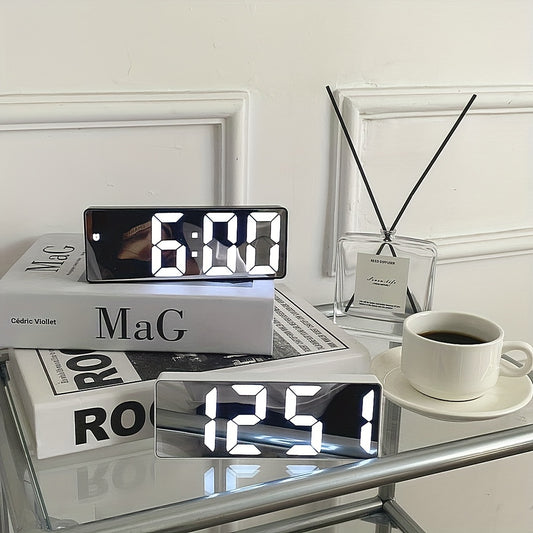 1pc Modern LED Mirror Table Alarm Clock - Digital Snooze Display, Time, Date, and Temperature - USB Powered, Compact, and Energy-Efficient Desktop Night Light for Bedroom, Office, or Home Decor